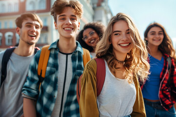 Group of happy diversity friends walking in the city, relaxing on vacation. Friend, diverse concept