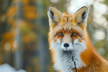 Naklejka premium Red Fox - Vulpes vulpes, close-up portrait with bokeh of pine trees in the background. Making eye contact.