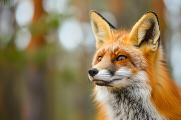 Fototapeta premium Red Fox - Vulpes vulpes, close-up portrait with bokeh of pine trees in the background. Making eye contact.