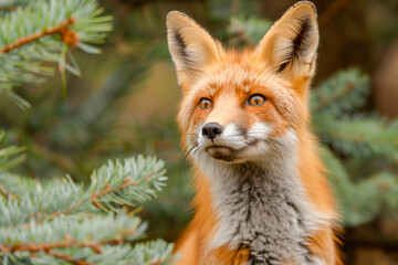 Obraz premium Red Fox - Vulpes vulpes, close-up portrait with bokeh of pine trees in the background. Making eye contact.