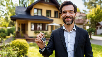Smiley successful handsome home owner man holding keys wearing suit infront of house yard