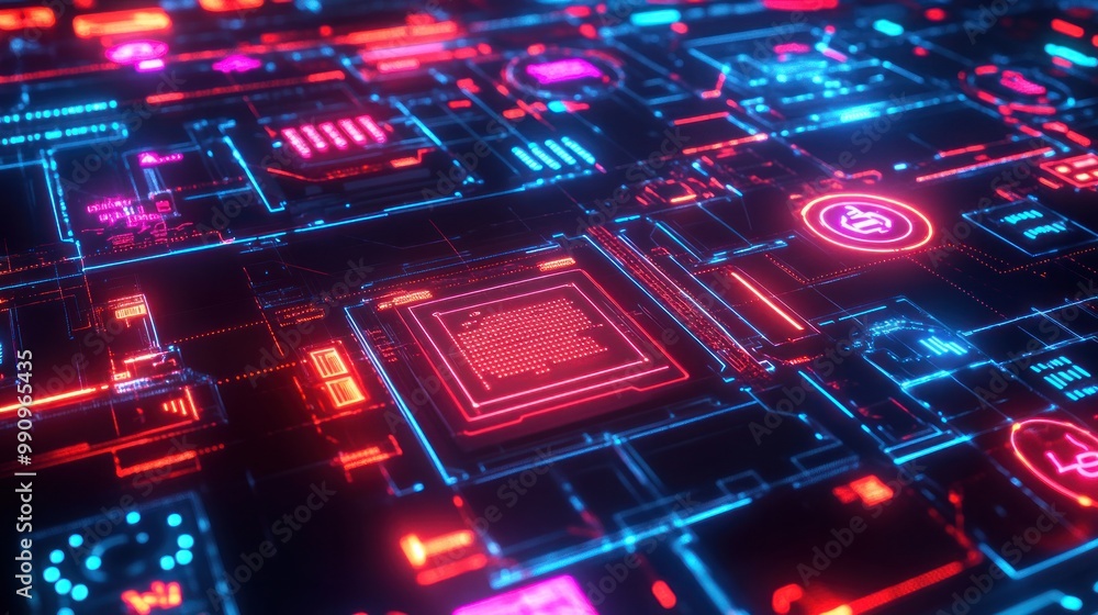 Poster a high-tech visualization of a cybersecurity interface with glowing digital grids, firewalls, and wa