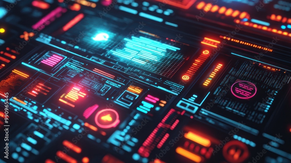 Poster a high-tech visualization of a cybersecurity interface with glowing digital grids, firewalls, and wa