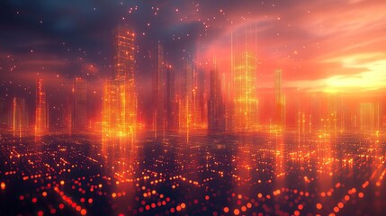 A 3D rendering of a digital abstract city, composed of glowing dots, holographic skyscrapers, and luminous lines, symbolizing business and architectural technology.