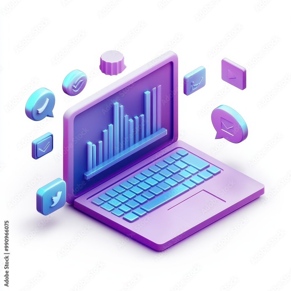 Poster a stylized laptop displaying data graphs with social media icons.