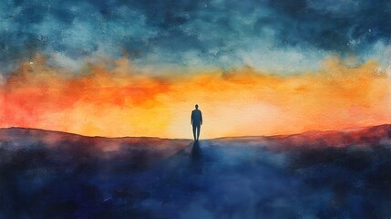 Lone Figure Walks Toward Glowing Horizon,Symbolizing Visionary Leadership and Successful Journey