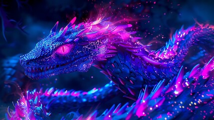 Blue serpent a enlarged look of a serpent form with glittering spikes glowing a vibrant purple and pink