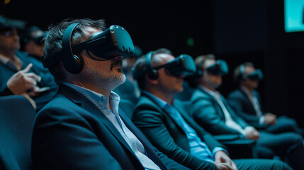 
A group of men seated in a theater or auditorium. They are all wearing virtual reality (VR) headsets, immersing themselves in a shared virtual experience.