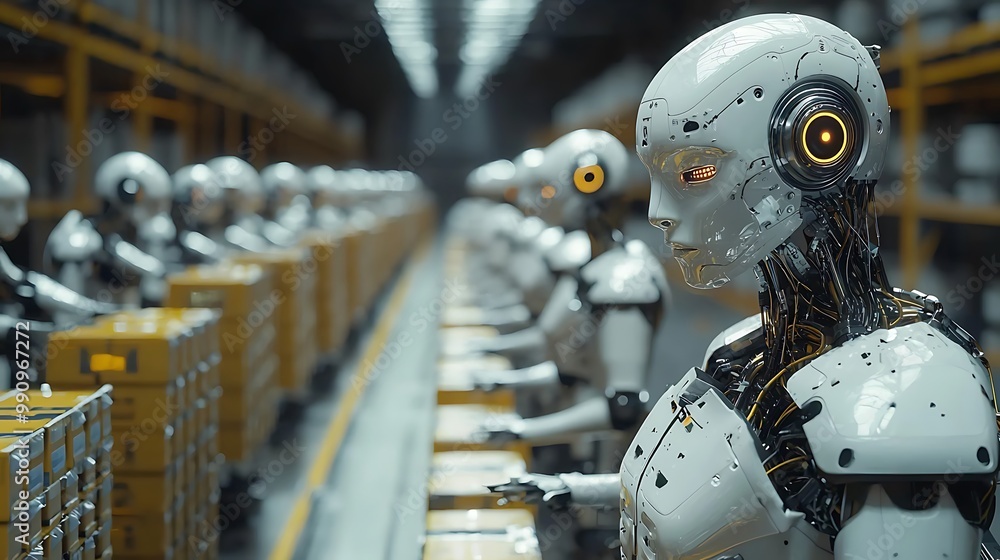 Aufkleber robots work efficiently in a futuristic warehouse, a testament to automation's power.
