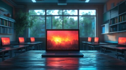 A 3D rendering of a digital classroom concept, illustrating modern online education with a classroom desk integrated into a laptop keyboard.