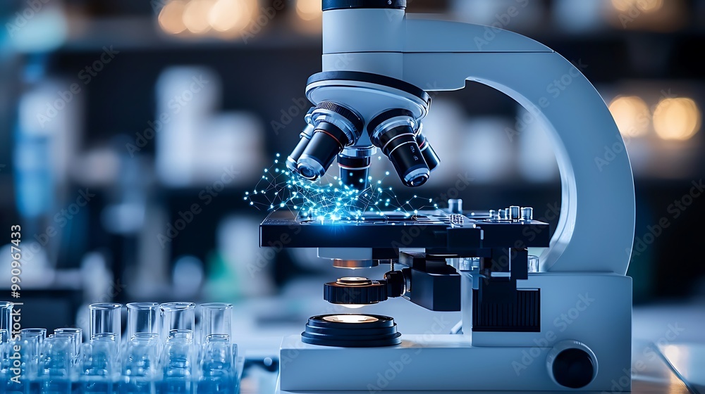 Poster a microscope links to a blue digital network, illuminating the future of lab technology.