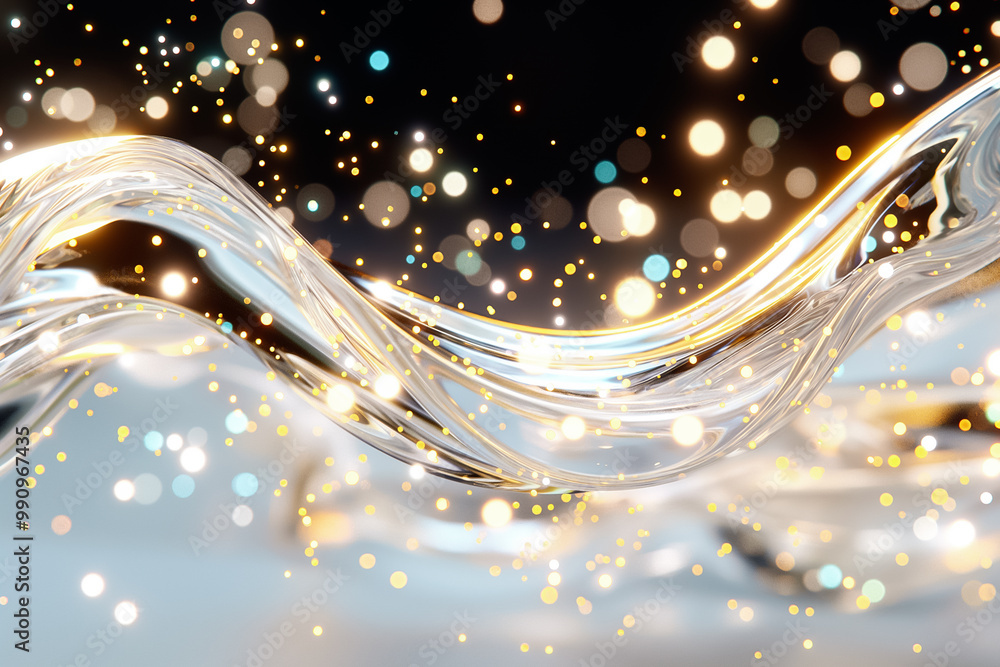Poster a graceful wave of translucent reflection undulates gently, emanating shimmering light and vibrant b