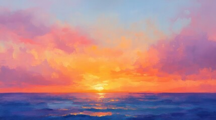 Fototapeta premium Painted Golden Hour Sunset Over the Ocean, with Vivid Colors and Brushstrokes, Depicting a Serene and Tranquil Seascape