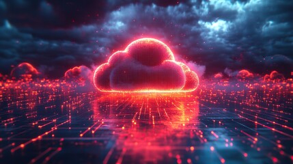 Obraz premium A 3D rendering of a digital cloud earth, set within a neon data grid in cyberspace, illustrating global connectivity in the digital age.