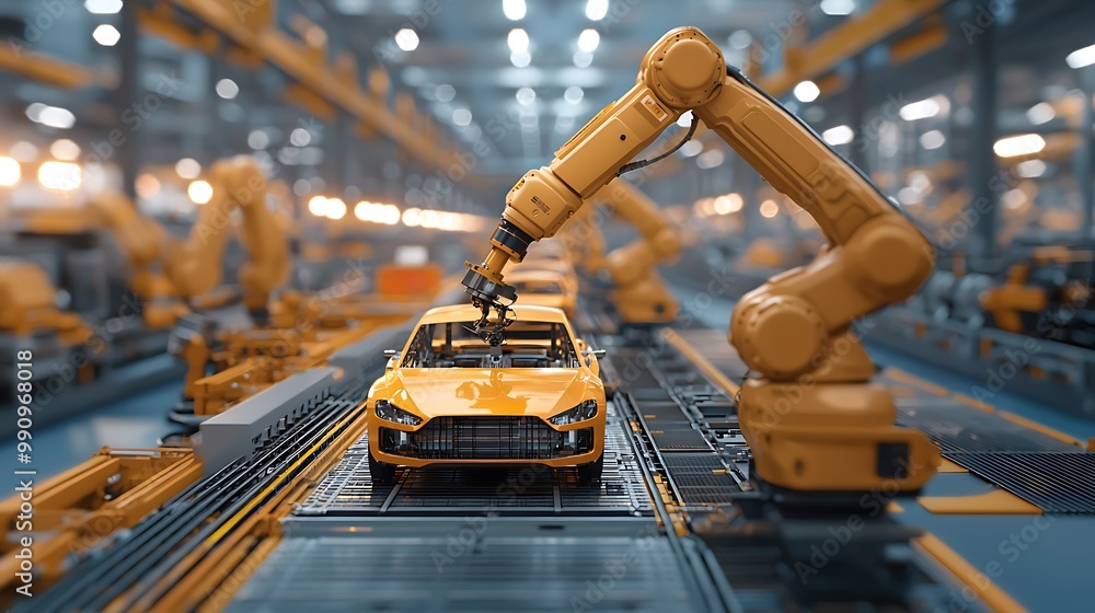 Aufkleber robot arms swiftly assemble vehicles on an automated car manufacturing line.