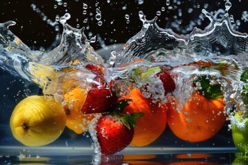 Fruit In Water. Fresh Fruits and Vegetables Splashing in Refreshing Water