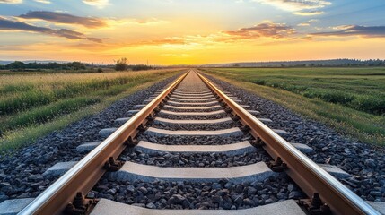 Fototapeta premium Railroad Tracks Extending Towards a Sunset Horizon, Capturing the Essence of Journey and Hope