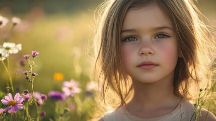 Fototapeta premium A portrait of a young girl with fresh, youthful beauty, her face illuminated by natural sunlight in a field of wildflowers
