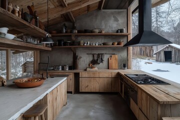 A warm wooden kitchen interior with a snowy outdoor scene through large windows, showcasing rustic charm and modern amenities, blending nature with a cozy atmosphere.