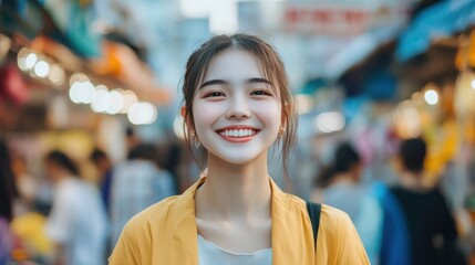 A portrait of an Asian girl with a joyful smile, wearing a casual outfit, standing in a vibrant street market