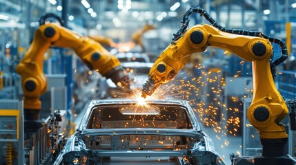 Fototapeta premium Robotic Arm Welding a Car Body in an Automotive Factory, Showing Sparks and the Industrial Automation Process