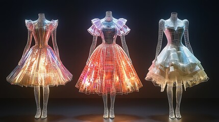 Wireframe dresses form a digital art display, blending fashion and 3D virtual clothing.