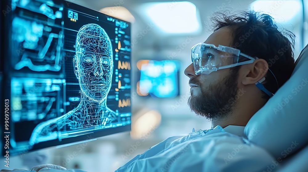 Poster a man in goggles gazes intently at a computer screen, analyzing a digital human model.