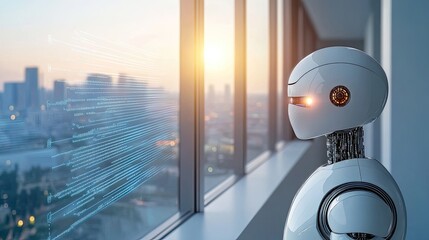 A white humanoid cyborg interacts with a large holographic display while immersed in a vibrant city atmosphere illuminated by glowing lights