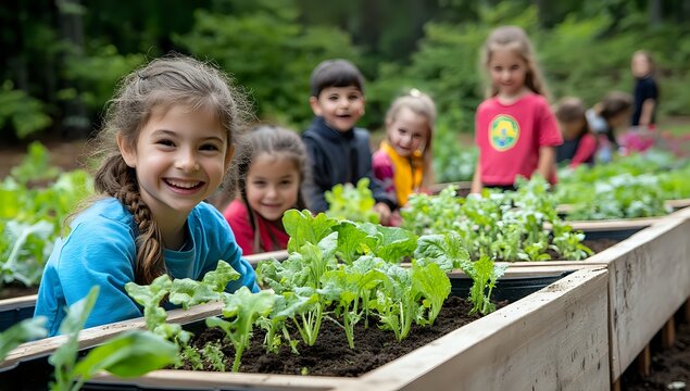 Happy young girl volunteering at a community garden.