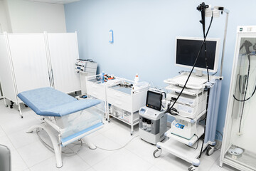 Medical equipment for gastroscopy colonoscopy endoscopy in the office of the clinic a couch for...