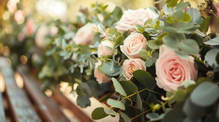 Garden Wedding. Bridal Table Setting with Eucalyptus Garland and Pink Floral Decor