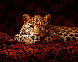 Leopard resting on a luxurious patterned fabric, showcasing its striking fur.