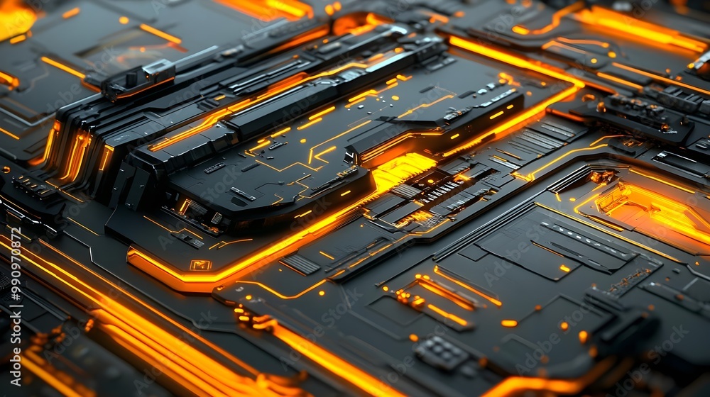 Poster futuristic circuit board design with glowing orange elements on a dark background.