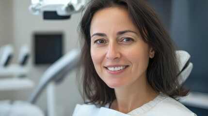 Woman Smiles Confidently After Successful Dental Implant Procedure, Showing Off Her New, Beautiful Smile in a Dental Office Setting
