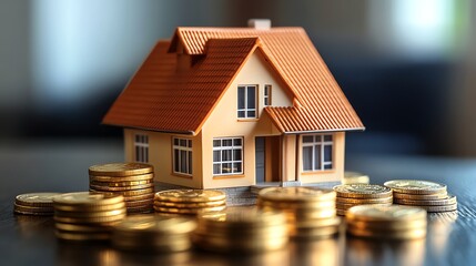 A miniature house model sits atop a stack of gold coins. . This image can be used to represent the concept of saving for a down payment on a home