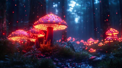 Dark forest glowing neon mushrooms creating haunting ambiance picture