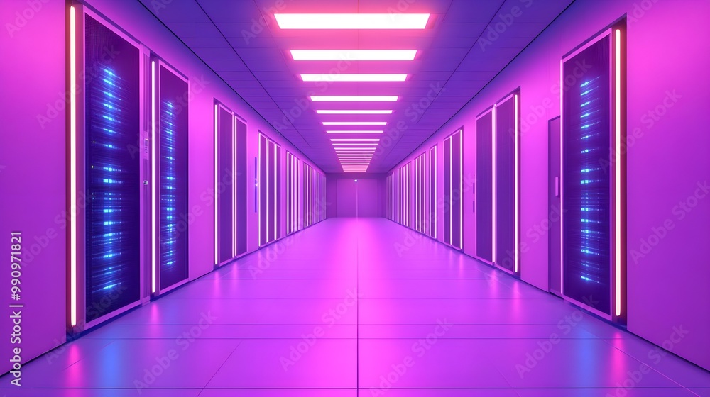 Poster futuristic data center corridor with glowing lights and server racks.