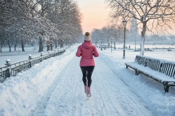 A jogger in winter attire runs along a pristine, snow-clad park walkway bordered by benches and lamp posts during an early wintry morning's tranquil sunrise.