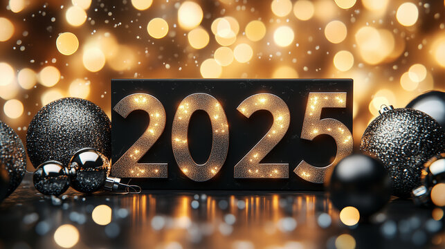 Luxurious 2025 New Year Christmas Flyer. Modern Happy New Year Celebration Snow Background. 2025 Christmas Twigs, Christmas Balls, Sparkles Lights. Christmas Deco Texture with Free Space for Text.