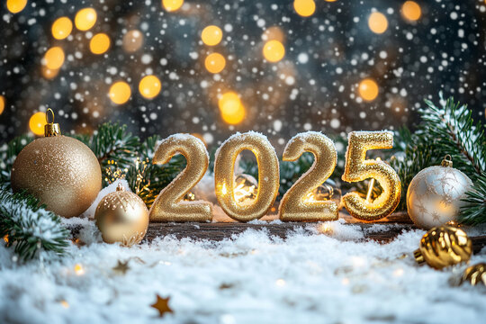 Royal VIP 2025 New Year Christmas Flyer. Minimal Happy New Year Celebration Snow Background. 2025 Christmas Twigs, Christmas Balls, Sparkles Lights. Christmas Deco Pattern with Free Space for Text.