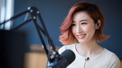 A beautiful young woman with headphones on, smiling and sitting in front of the mic for podcasting at home
