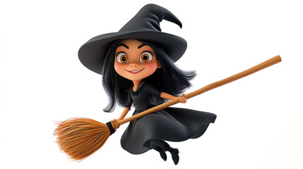 3d cheerful cartoon witch flying on a broomstick, wearing a black robe and pointed hat, with vibrant orange hair.
