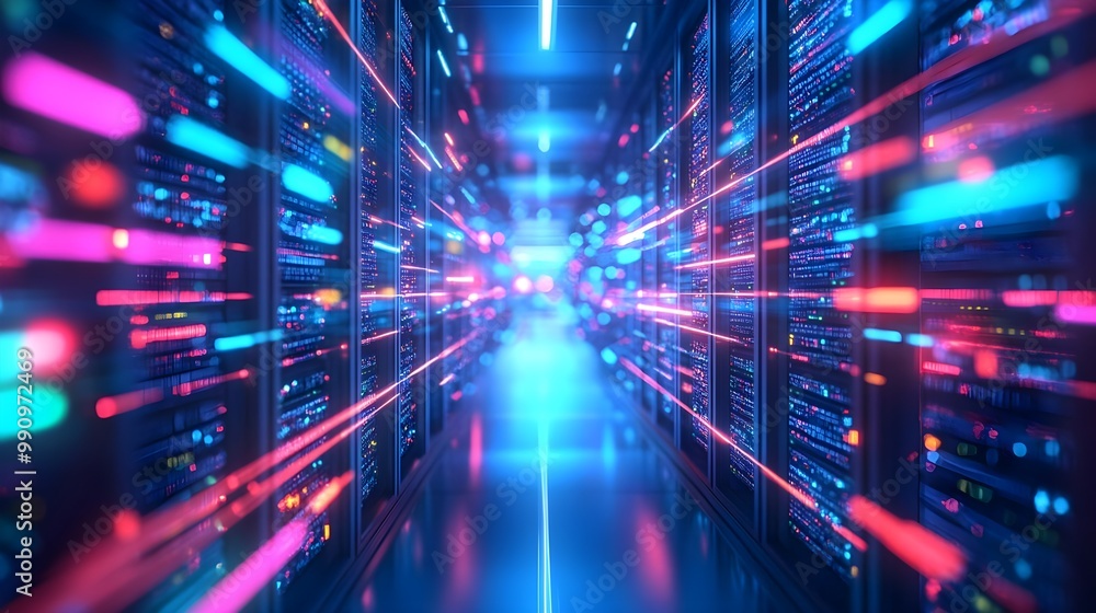 Aufkleber futuristic data center with glowing lights and server racks in perspective view.