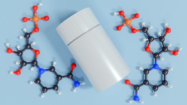 3d rendering of a white cylindrical container. Next to them is a 3D molecular structure, labeled as "Nicotinamide Mononucleotide." 