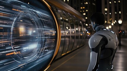 A white humanoid cyborg interacts with a large holographic display while immersed in a vibrant city atmosphere illuminated by glowing lights