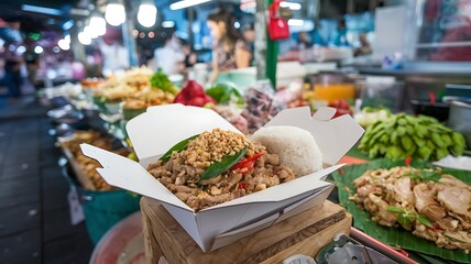 A delicious looking takeaway meal with stir-fried meat, rice, and herbs in a white box.