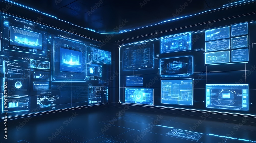 Poster futuristic digital control room with screens and data visualizations.