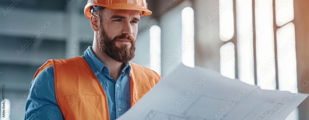 Poster engineer in a office examining a large blueprint, muted colors and soft lighting highlighting the si