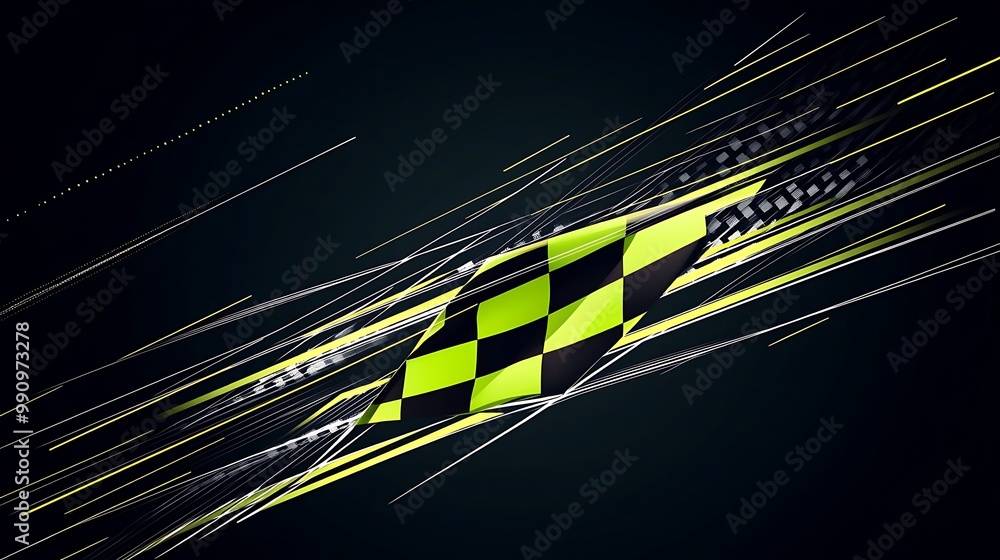Poster abstract checkered flag design with yellow and black streaks on dark background.