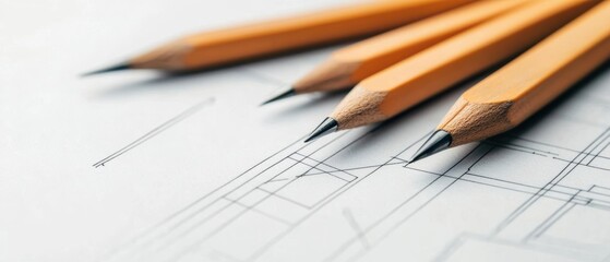 Closeup of pencils neatly placed around a minimalist blueprint, clean lines and a muted color palette, precise and focused engineering